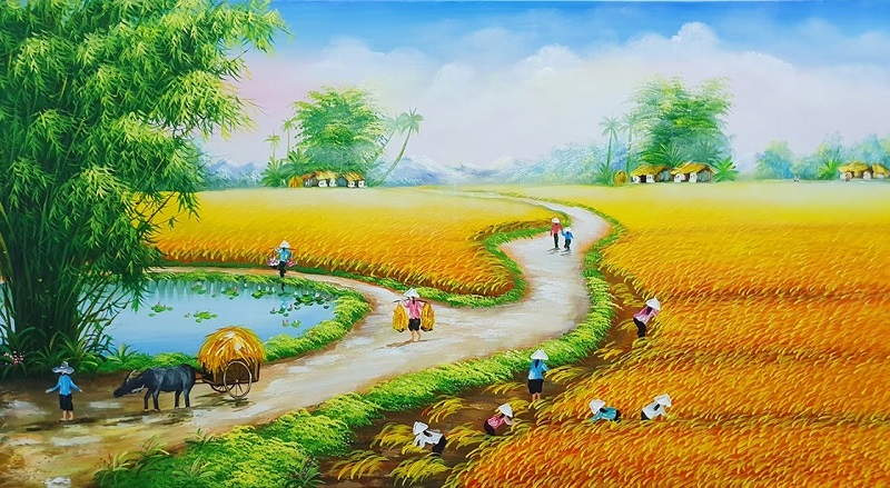 Mẫu tranh sơn dầu phong cảnh đồng quê lúa chín mùa bội thu