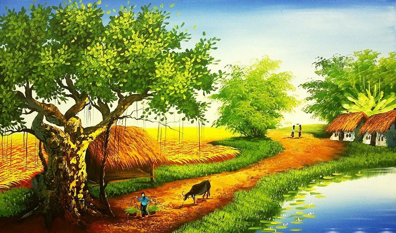tranh que huong 1 - Tranh quê hương - Nét đẹp làng quê Việt Nam gắn liền với tuổi thơ