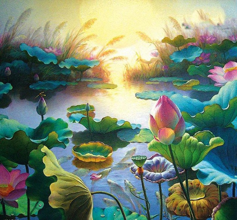 tranh son dau hoa sen 1 - Tranh sơn dầu hoa sen – Giúp không gian sống thêm tinh tế và sang trọng